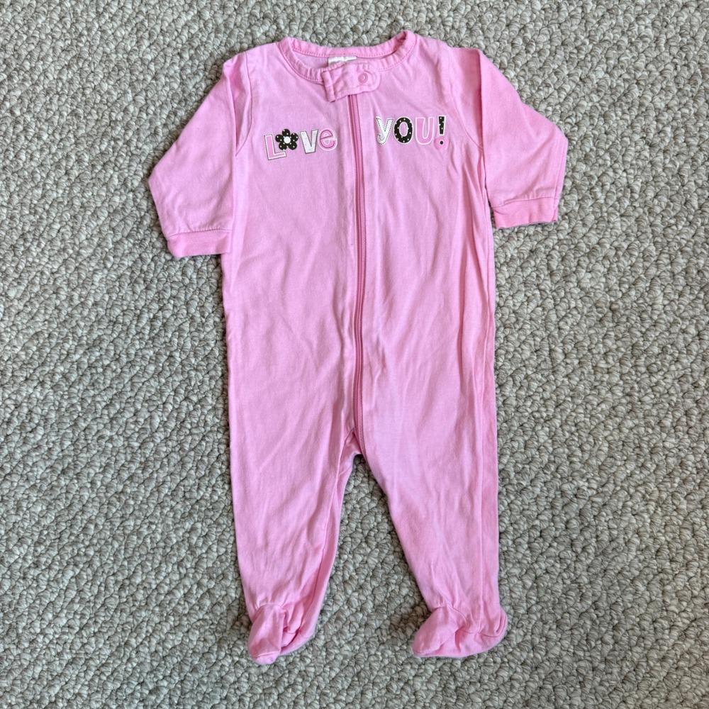 Gerber Baby Girls Pink Love You Footed Pajamas Sleeper Size 0-3 Months Zip Up